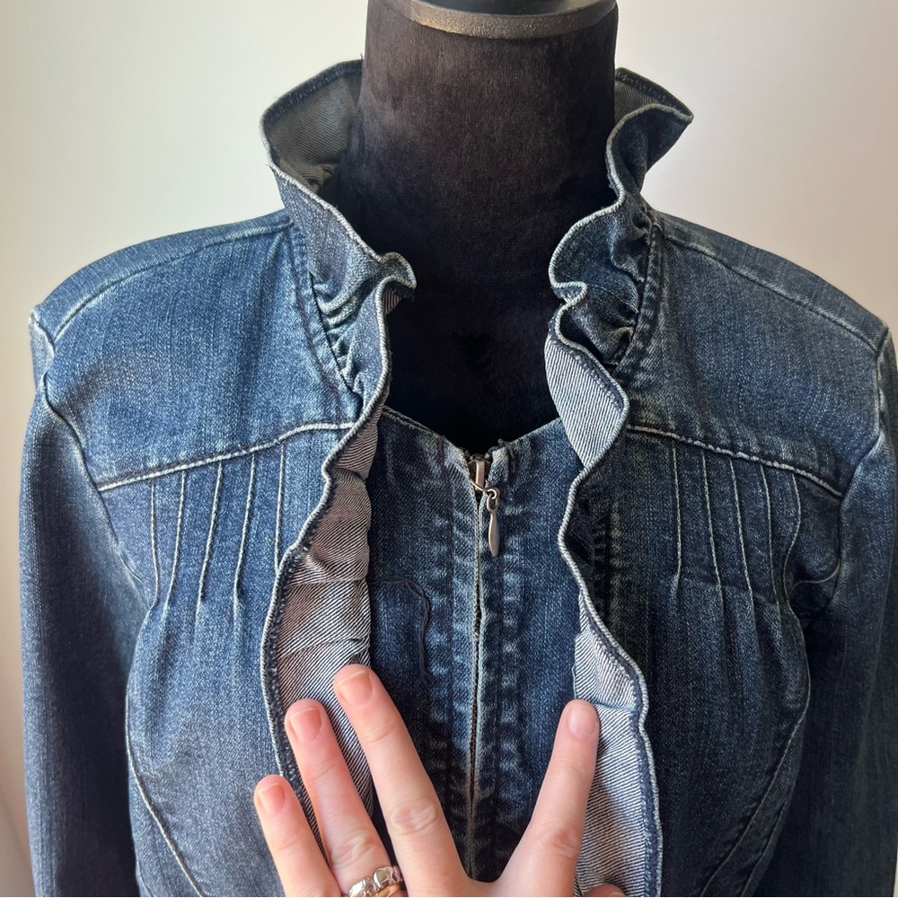 Ruffled Front Denim Jacket - Dark Blue - L - Picture 3 of 8